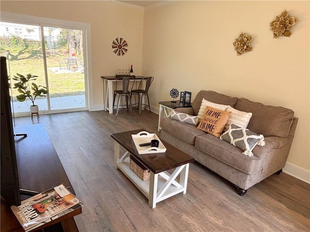 living room featuring ornamental molding and wood-type flooring