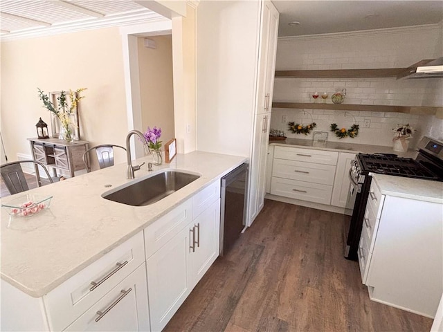 kitchen with stainless steel appliances, white cabinetry, sink, and ornamental molding