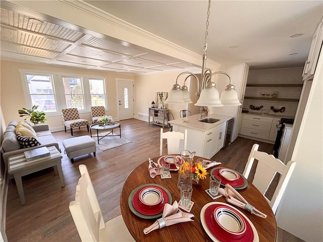 dining area featuring sink and dark wood-type flooring