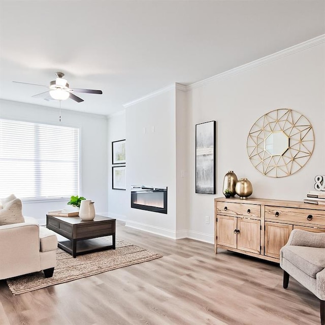 541 Fundao Ln, Lawrenceville, GA 30046 - living room featuring light wood-type flooring, ornamental molding, a ceiling fan, and a glass covered fireplace