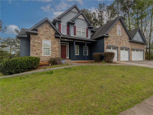 craftsman-style house with a garage and a front lawn