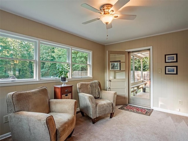 living area featuring ceiling fan, carpet floors, baseboards, and crown molding