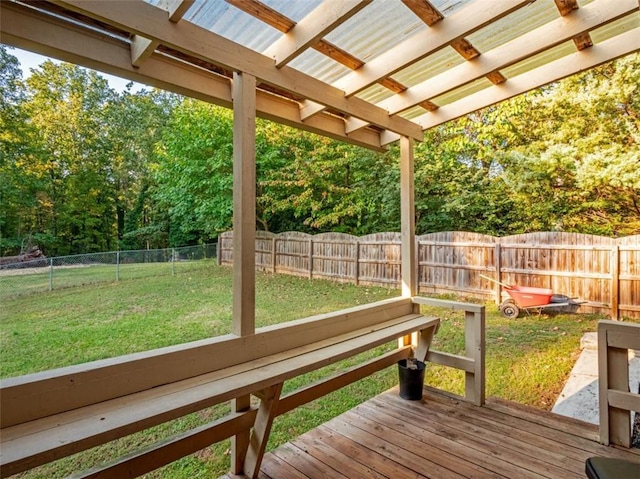 wooden deck with a lawn and a fenced backyard