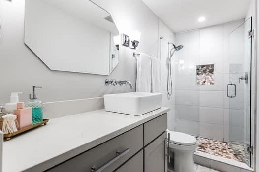 bathroom featuring vanity, toilet, and walk in shower