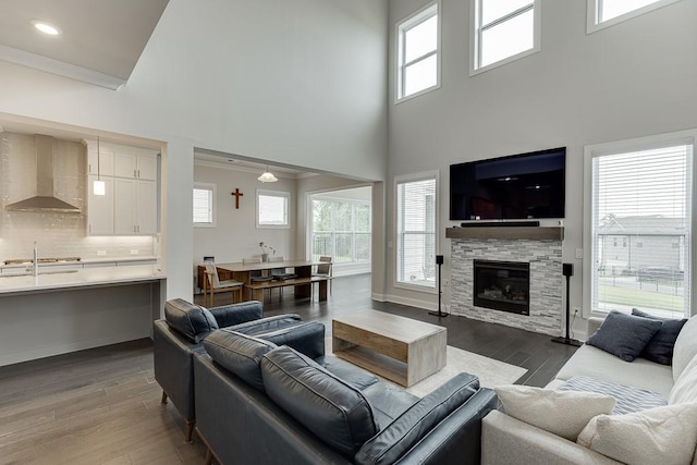 1459 Bennett Creek Ovlk, Suwanee, GA 30024 - living room featuring a high ceiling, dark wood-style floors, a fireplace, crown molding, and recessed lighting