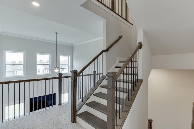 1459 Bennett Creek Ovlk, Suwanee, GA 30024 - stairs featuring carpet floors, healthy amount of natural light, ceiling fan, crown molding, and recessed lighting