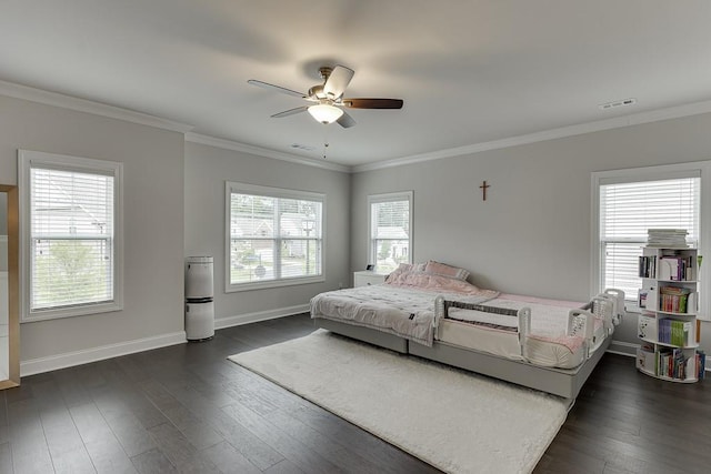 1459 Bennett Creek Ovlk, Suwanee, GA 30024 - bedroom featuring multiple windows, dark wood-type flooring, crown molding, and ceiling fan