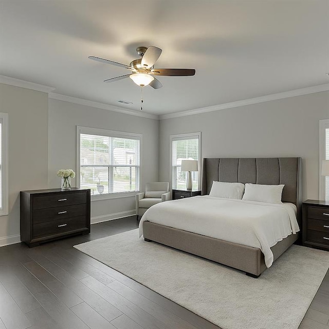 1459 Bennett Creek Ovlk, Suwanee, GA 30024 - bedroom featuring dark wood finished floors, ornamental molding, and ceiling fan