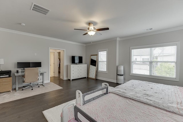 1459 Bennett Creek Ovlk, Suwanee, GA 30024 - bedroom with ornamental molding, dark wood-style flooring, a desk, and a ceiling fan