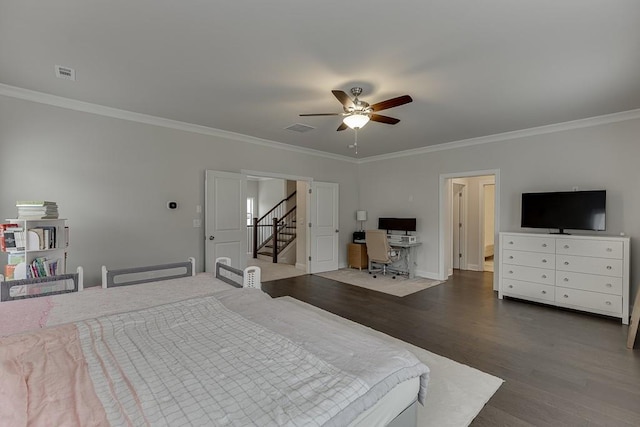 1459 Bennett Creek Ovlk, Suwanee, GA 30024 - bedroom featuring wood finished floors, crown molding, an office area, and a ceiling fan