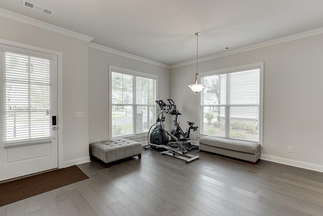 1459 Bennett Creek Ovlk, Suwanee, GA 30024 - exercise area featuring ornamental molding and dark wood finished floors