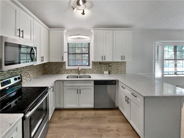 kitchen featuring appliances with stainless steel finishes, light hardwood / wood-style floors, a healthy amount of sunlight, and kitchen peninsula