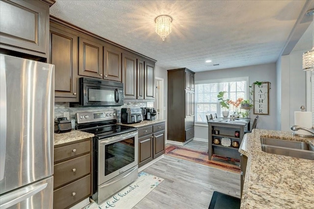 kitchen featuring baseboards, a sink, decorative backsplash, stainless steel appliances, and light wood-type flooring