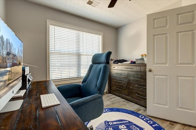 home office with light wood-type flooring, a textured ceiling, visible vents, and ceiling fan