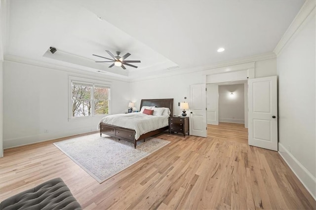 4048 Navajo Trl, Brookhaven, GA 30319 - bedroom featuring light wood-style flooring, ornamental molding, baseboards, a raised ceiling, and recessed lighting