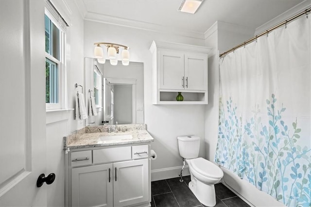 4048 Navajo Trl, Brookhaven, GA 30319 - full bathroom with vanity, toilet, crown molding, tile patterned floors, and shower / bathtub combination with curtain