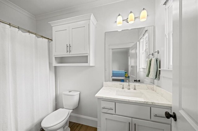 4048 Navajo Trl, Brookhaven, GA 30319 - bathroom with vanity, crown molding, toilet, wood finished floors, and baseboards