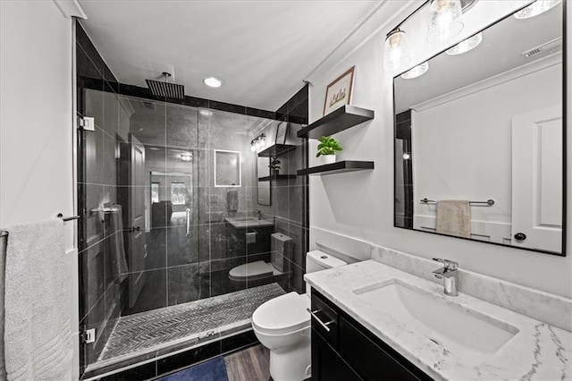 4048 Navajo Trl, Brookhaven, GA 30319 - bathroom featuring toilet, vanity, and a stall shower