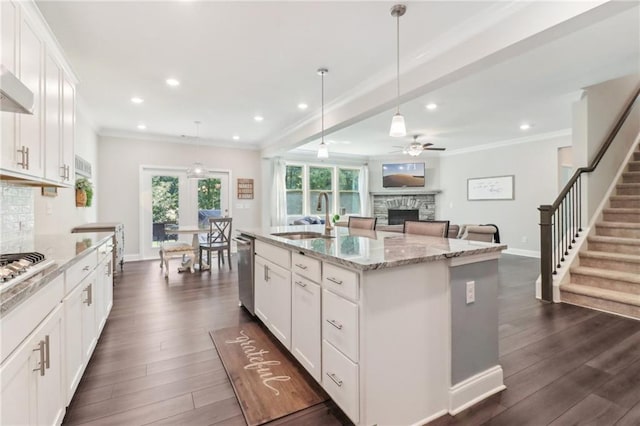 kitchen with stainless steel appliances, ornamental molding, a sink, and decorative backsplash