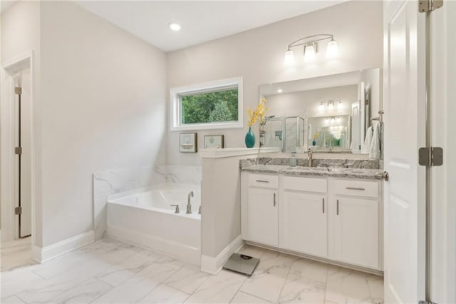 full bathroom featuring marble finish floor, a shower stall, vanity, baseboards, and a bath