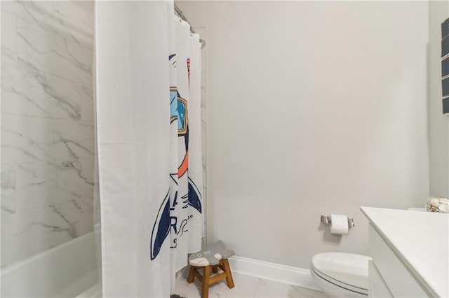 full bath featuring toilet, vanity, baseboards, marble finish floor, and shower / bath combo