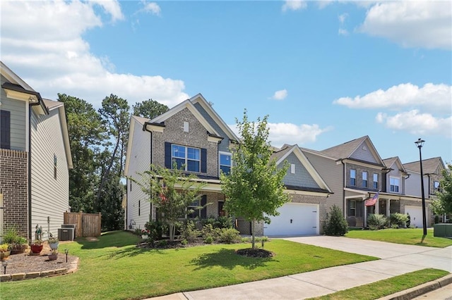 view of front of property with a residential view, brick siding, cooling unit, driveway, and a front lawn