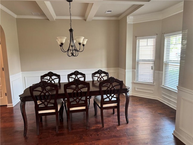 3897 Valley Bluff Ln, Snellville, GA 30039 - dining space with dark wood-type flooring, arched walkways, ornamental molding, beam ceiling, and a chandelier