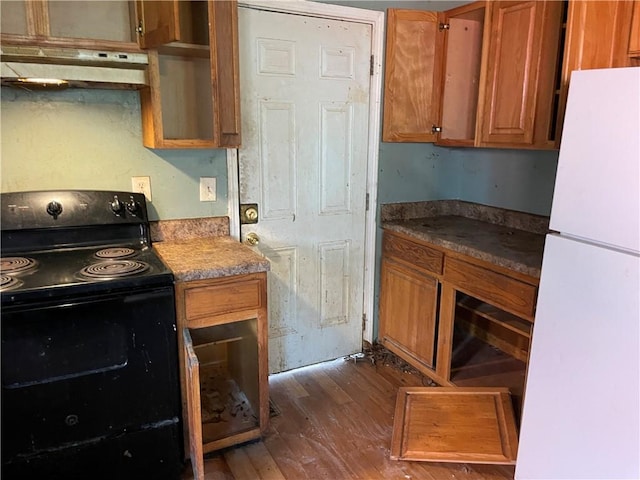 kitchen featuring dark hardwood / wood-style flooring, white fridge, and black / electric stove