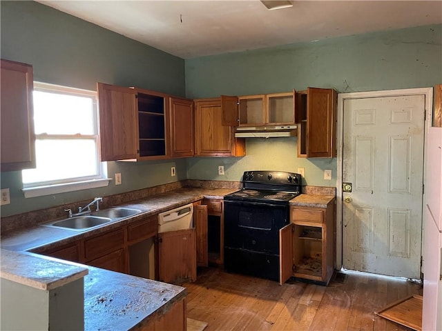 kitchen featuring dark hardwood / wood-style floors, black / electric stove, and sink