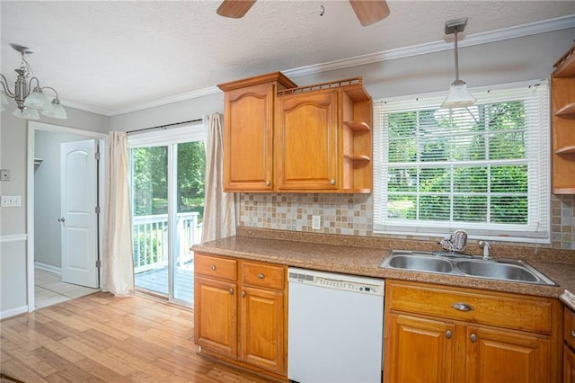 879 Rock Oak Ln, Lawrenceville, GA 30046 - kitchen featuring dishwasher, open shelves, a sink, ornamental molding, and light wood finished floors