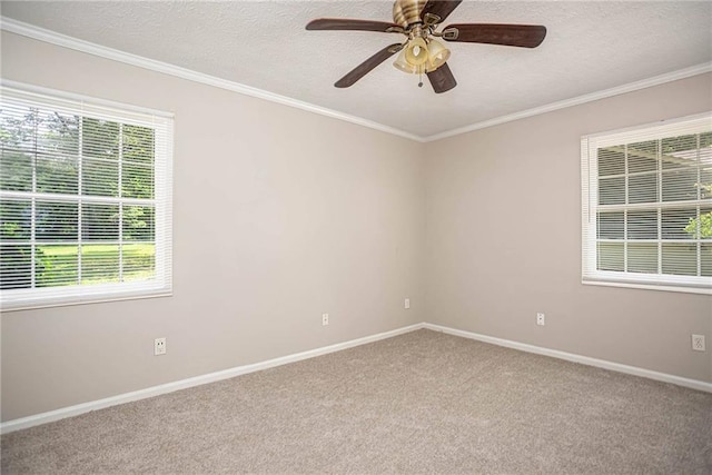 879 Rock Oak Ln, Lawrenceville, GA 30046 - carpeted empty room featuring plenty of natural light, baseboards, a ceiling fan, a textured ceiling, and crown molding