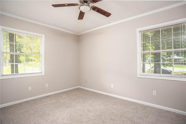 879 Rock Oak Ln, Lawrenceville, GA 30046 - empty room with carpet floors, a ceiling fan, baseboards, a textured ceiling, and ornamental molding