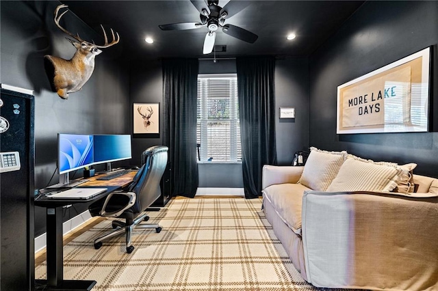 home office with recessed lighting, baseboards, and ceiling fan