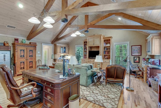 office with light hardwood / wood-style flooring, wooden ceiling, and lofted ceiling with beams