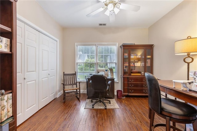 2905 Ivey Ridge Ln, Roswell, GA 30076 - home office featuring a ceiling fan and dark wood-style floors