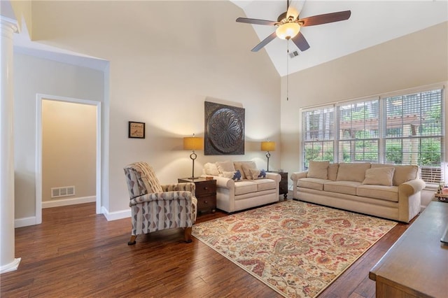 2905 Ivey Ridge Ln, Roswell, GA 30076 - living room with a ceiling fan, ornate columns, high vaulted ceiling, and wood finished floors