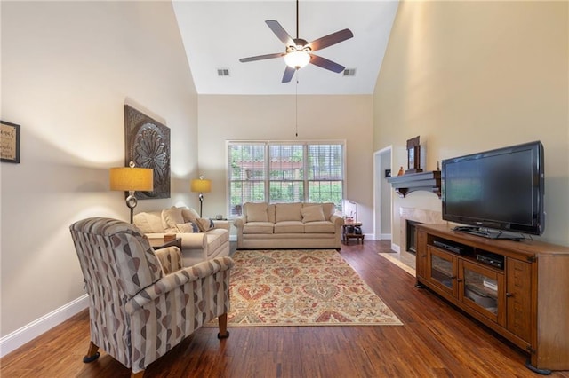 2905 Ivey Ridge Ln, Roswell, GA 30076 - living room featuring high vaulted ceiling, ceiling fan, and wood finished floors