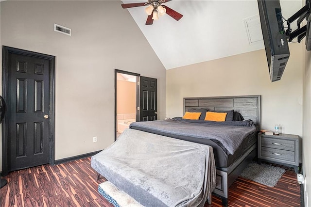 bedroom with high vaulted ceiling, connected bathroom, ceiling fan, and dark wood-type flooring