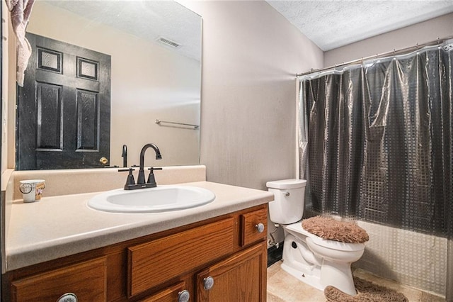 full bathroom with tile patterned flooring, a textured ceiling, shower / bathtub combination with curtain, vanity, and toilet