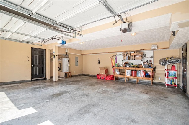 garage with water heater, a garage door opener, and electric panel