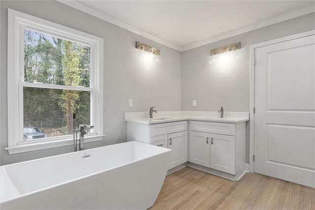 1320 Melbenan Dr, Atlanta, GA 30311 - bathroom with wood finished floors, a soaking tub, crown molding, and a sink