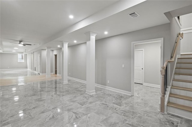 1320 Melbenan Dr, Atlanta, GA 30311 - basement featuring ceiling fan, stairs, visible vents, and recessed lighting
