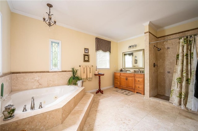 5102 Chastleton Dr, Stone Mountain, GA 30087 - bathroom featuring ornamental molding, a stall shower, a jetted tub, vanity, and tile patterned flooring