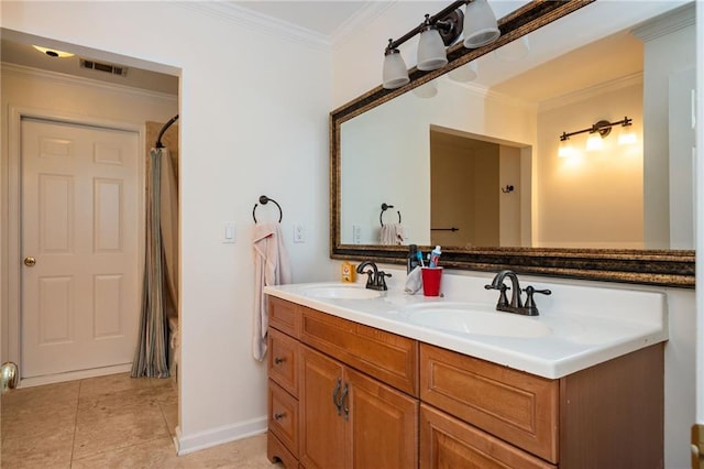 5102 Chastleton Dr, Stone Mountain, GA 30087 - bathroom featuring ornamental molding, double vanity, baseboards, tile patterned floors, and curtained shower