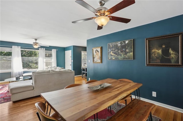 dining space with light wood-type flooring and ceiling fan