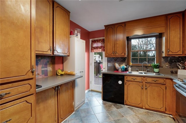 kitchen featuring sink, electric stove, decorative backsplash, and dishwasher