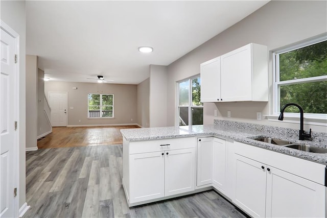 381 New Jersey Ave NW, Atlanta, GA 30314 - kitchen with a peninsula, healthy amount of natural light, a ceiling fan, and white cabinets