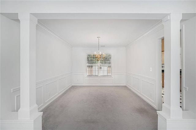 2949 Maple Walk Ct, Lawrenceville, GA 30044 - unfurnished room featuring ornamental molding, a notable chandelier, carpet flooring, and decorative columns