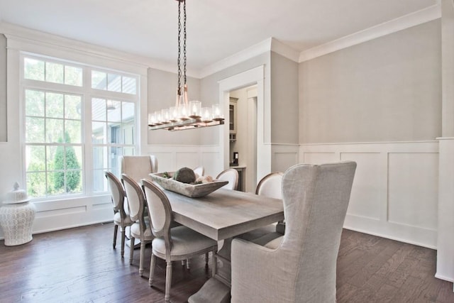 dining room featuring a healthy amount of sunlight, crown molding, a chandelier, and dark hardwood / wood-style flooring