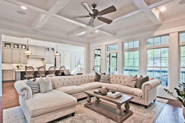 interior space with coffered ceiling, ceiling fan, beam ceiling, and hardwood / wood-style flooring